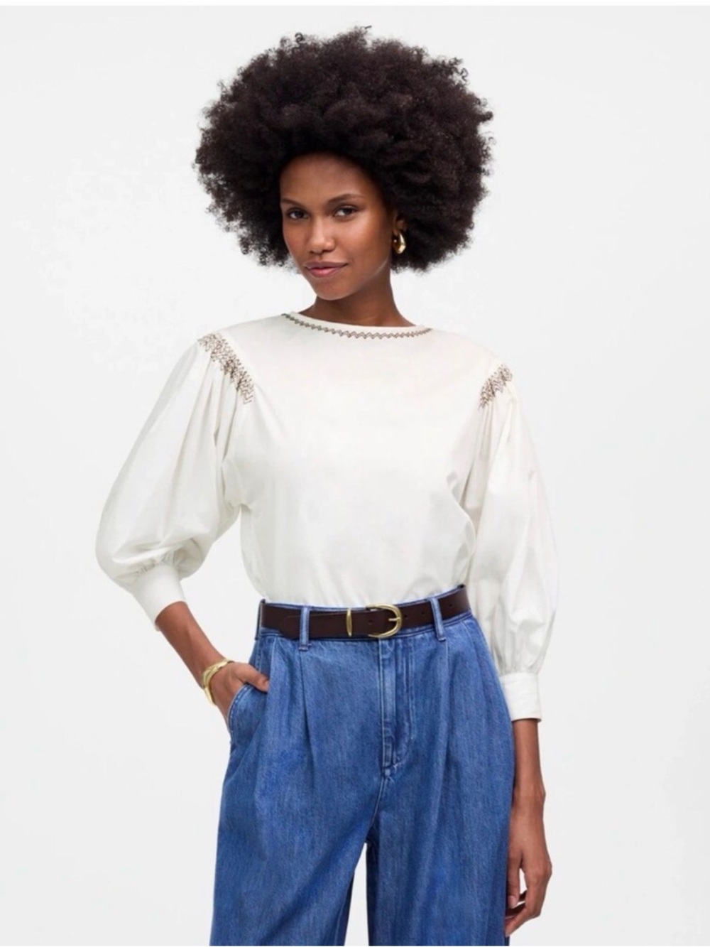 Madewell white poplin balloon sleeve Top with Brown Zigzag Embroidery